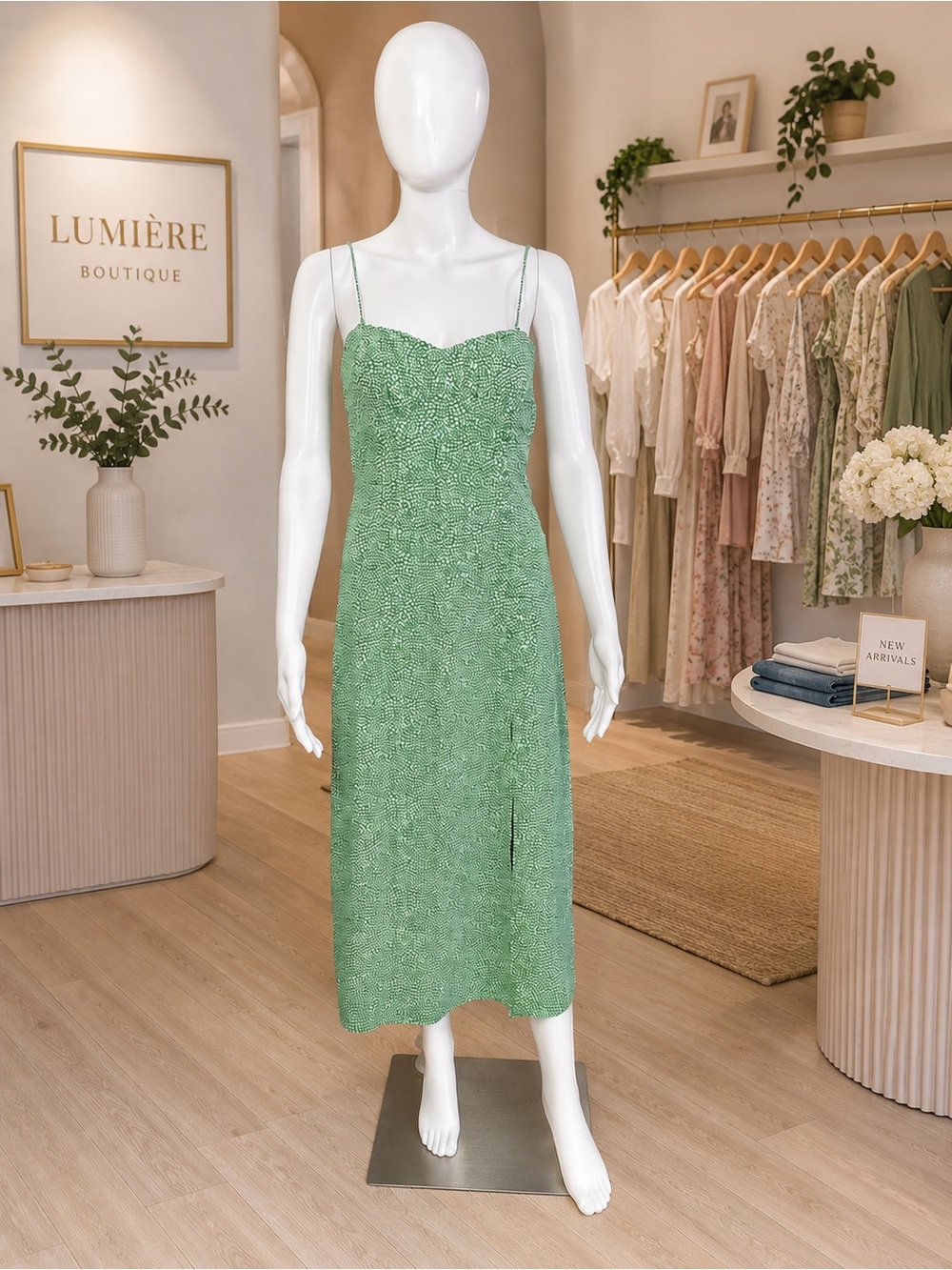 NWOT Zara Light Sage Green Spaghetti-Strap Midi Dress